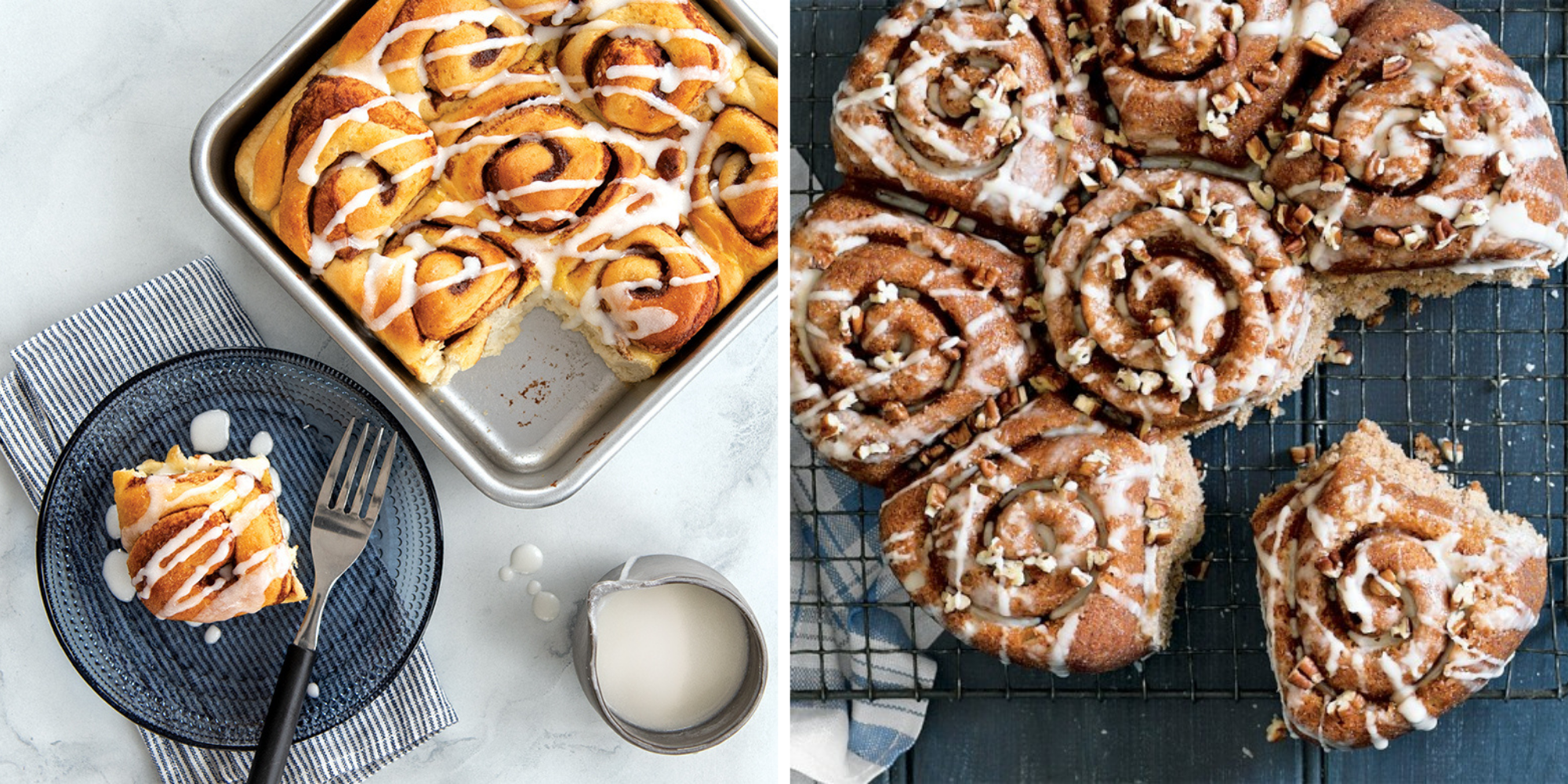 Cinnamon Rolls made in a square cake pan and Cinnamon Rolls made in a round cake pan side by side.