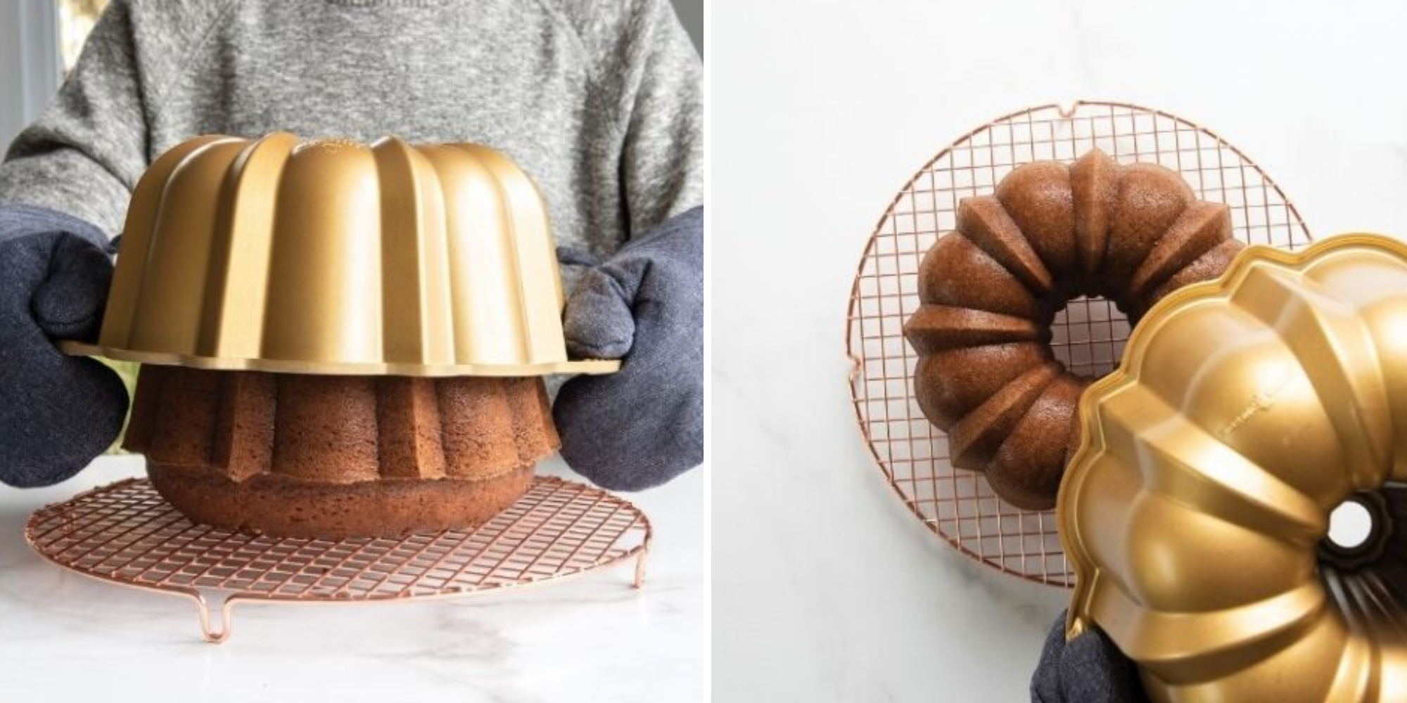 Anniversary Bundt® Pan Cake Removal Side view and overhead view of someone removing a Bundt cake from the Anniversary Bundt® Pan.