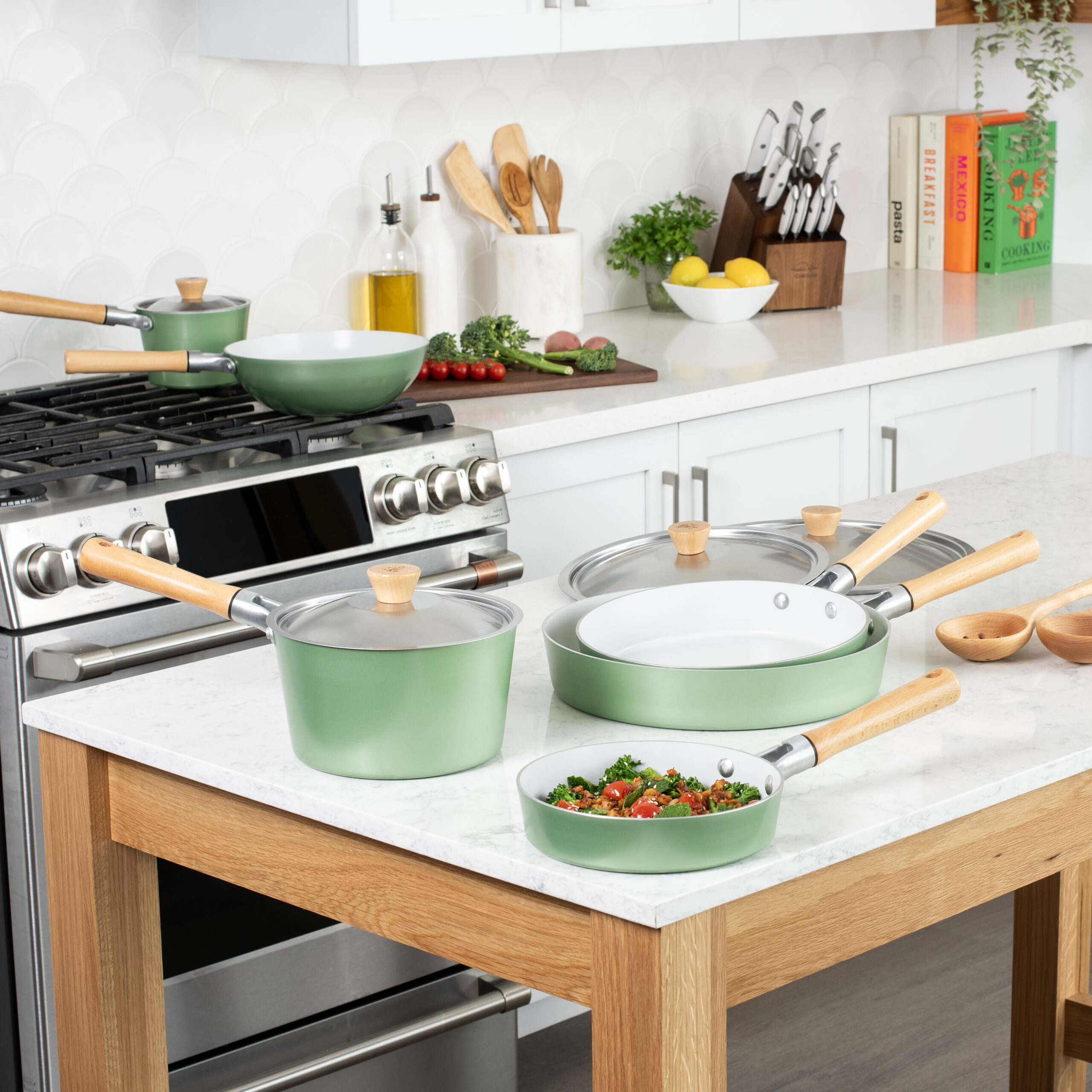 Image of dessert table with different pies and serving scene with hands holding a pie piece.