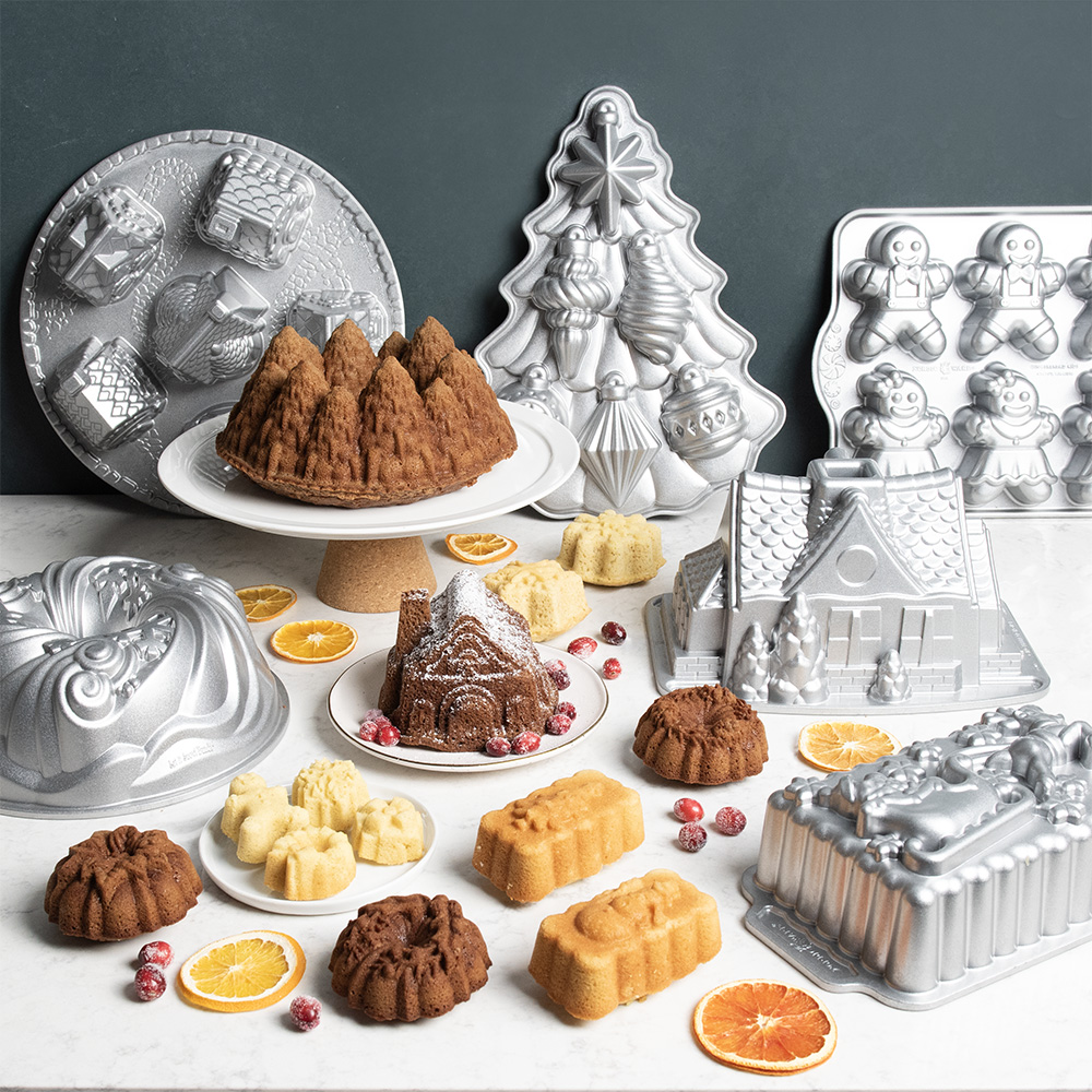 Image of dessert table with different pies and serving scene with hands holding a pie piece.