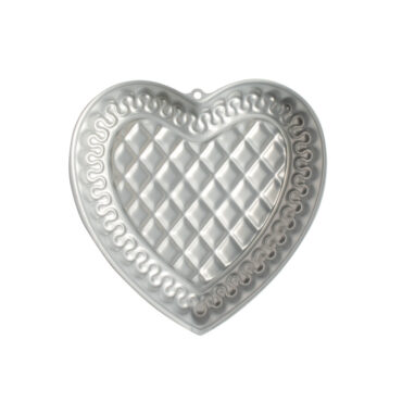 Overhead of Northern Lights Quilted Heart Pan showing silver nonstick interior