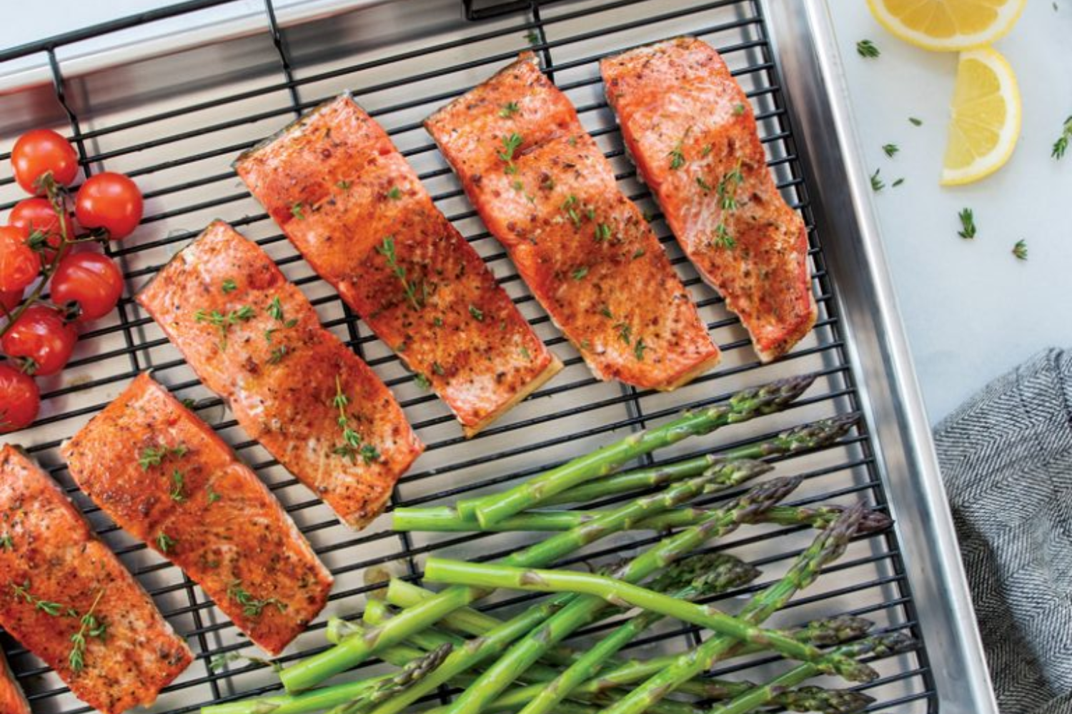 One Pan Salmon, Asparagus & Tomato Bake with Creamy Lemon Butter Sauce