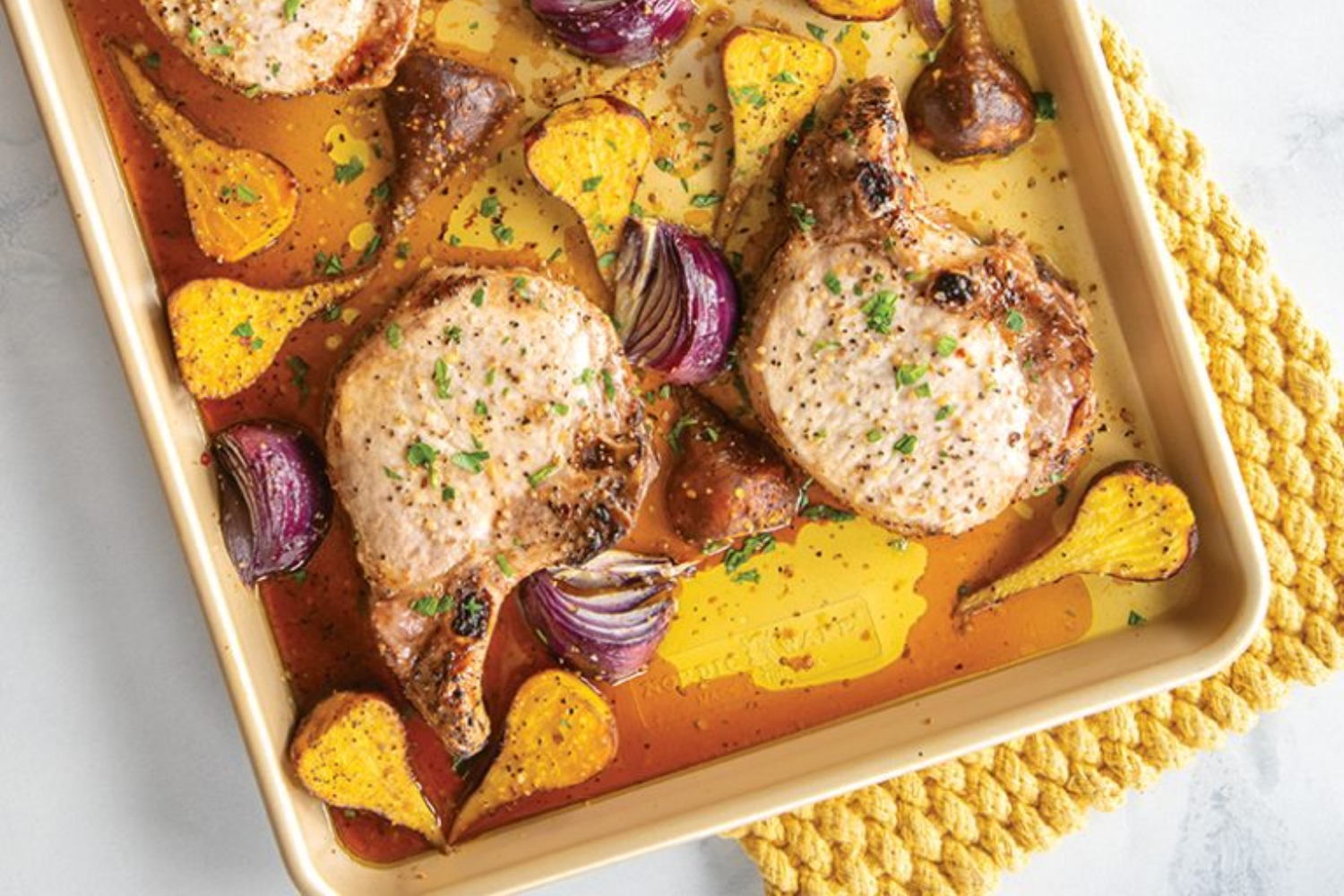Sheet Pan Honey Mustard Pork Chops with Roasted Golden Beets