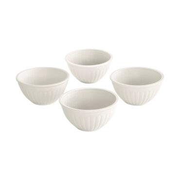 Four white mini bowls arranged separately on white background