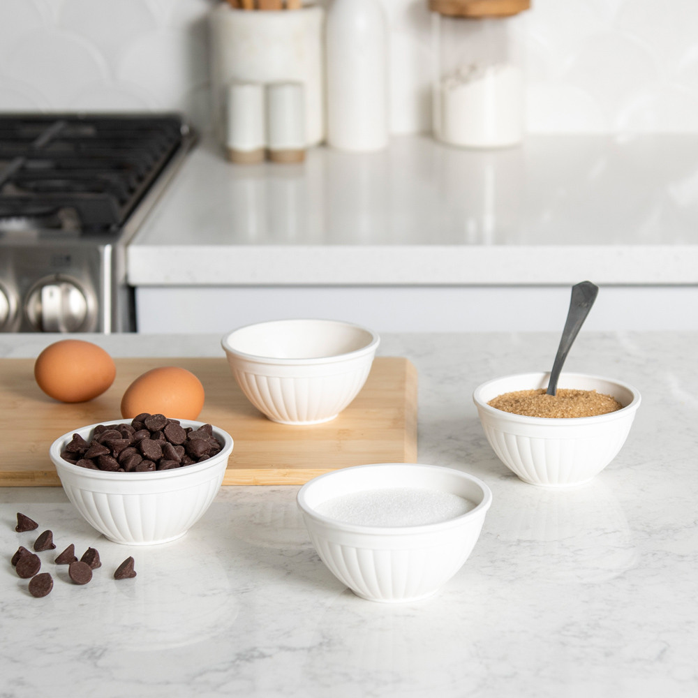 Image of white mini prep and serve mini bowls filled with baking ingredients on kitchen island