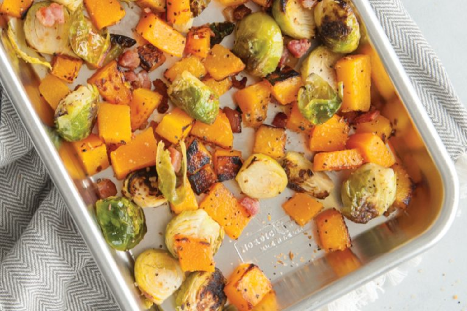 Spicy Maple Roasted Brussels Sprouts and Butternut Squash with Bacon