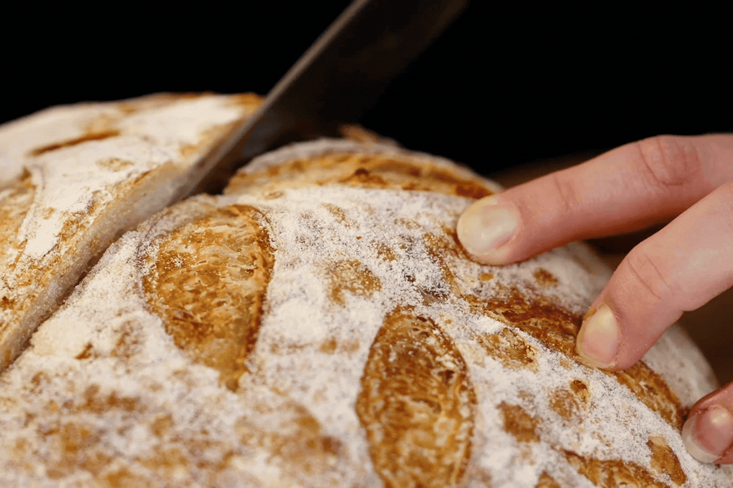 gif of cutting a loaf of sourdough bread in half and buttering a slice.
