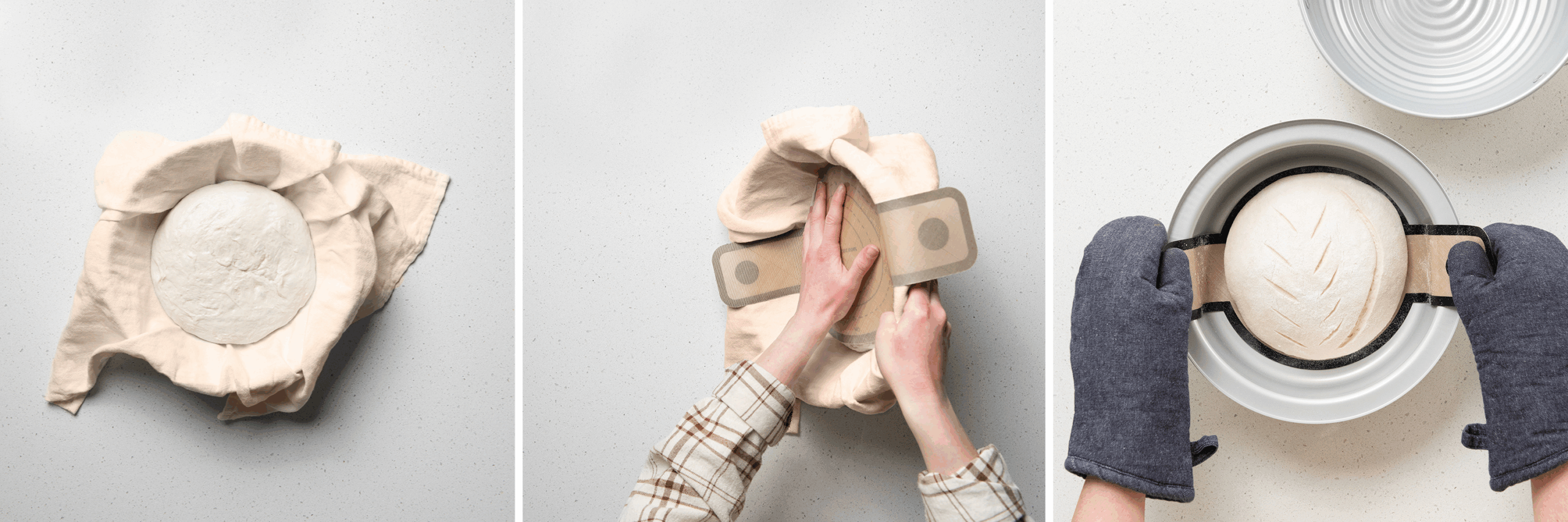 Hands removing sourdough bread dough from the Sourdough Baking Lid lined with a Cotton Proofing Towel onto the Silicone Lifting Sling and adding the loaf to the Sourdough Baking Pan to bake. 