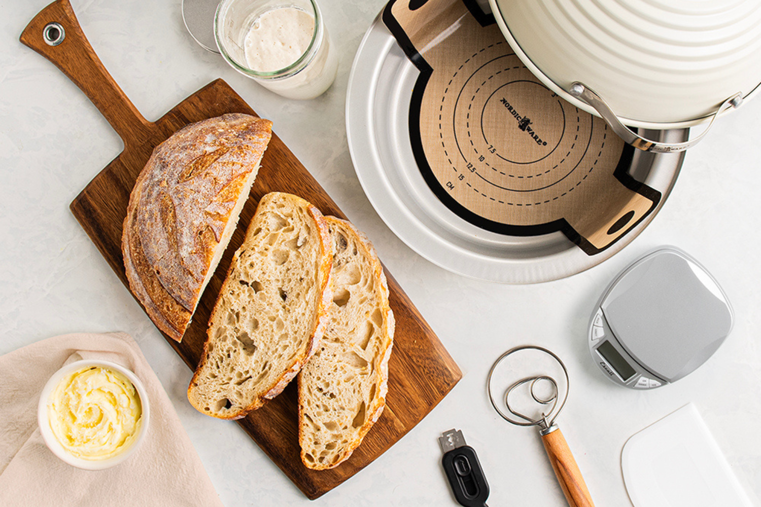 Overhead of Deluxe 10 Piece Simply Sourdough Bread Baking Kit.
