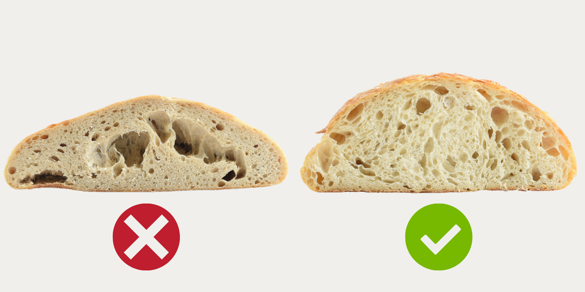 Side by side comparison of an under proofed loaf of sourdough bread and a perfectly proofed loaf of bread. 