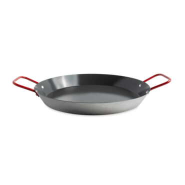 aluminum paella pan with two red side handles, wide shallow circular design, natural silver finish