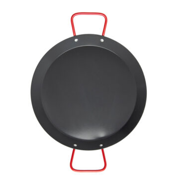overhead view of interior of aluminum paella pan with two red side handles, wide shallow circular design, natural silver finish