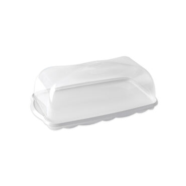 rectangular loaf cake keeper in white color with clear lid, plastic storage container