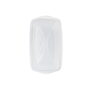 rectangular loaf cake keeper in white color with clear lid, plastic storage container, overhead