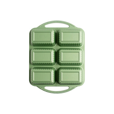 overhead view of aluminum mini loaf pan with 8 rectangular cavities showing green exterior finish