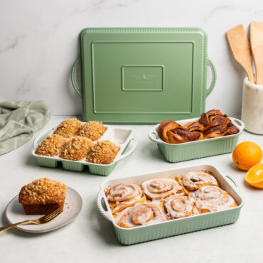group image of cardamom bakeware including rectangular baker, loaf pan, mini loaf pan, and baking sheet