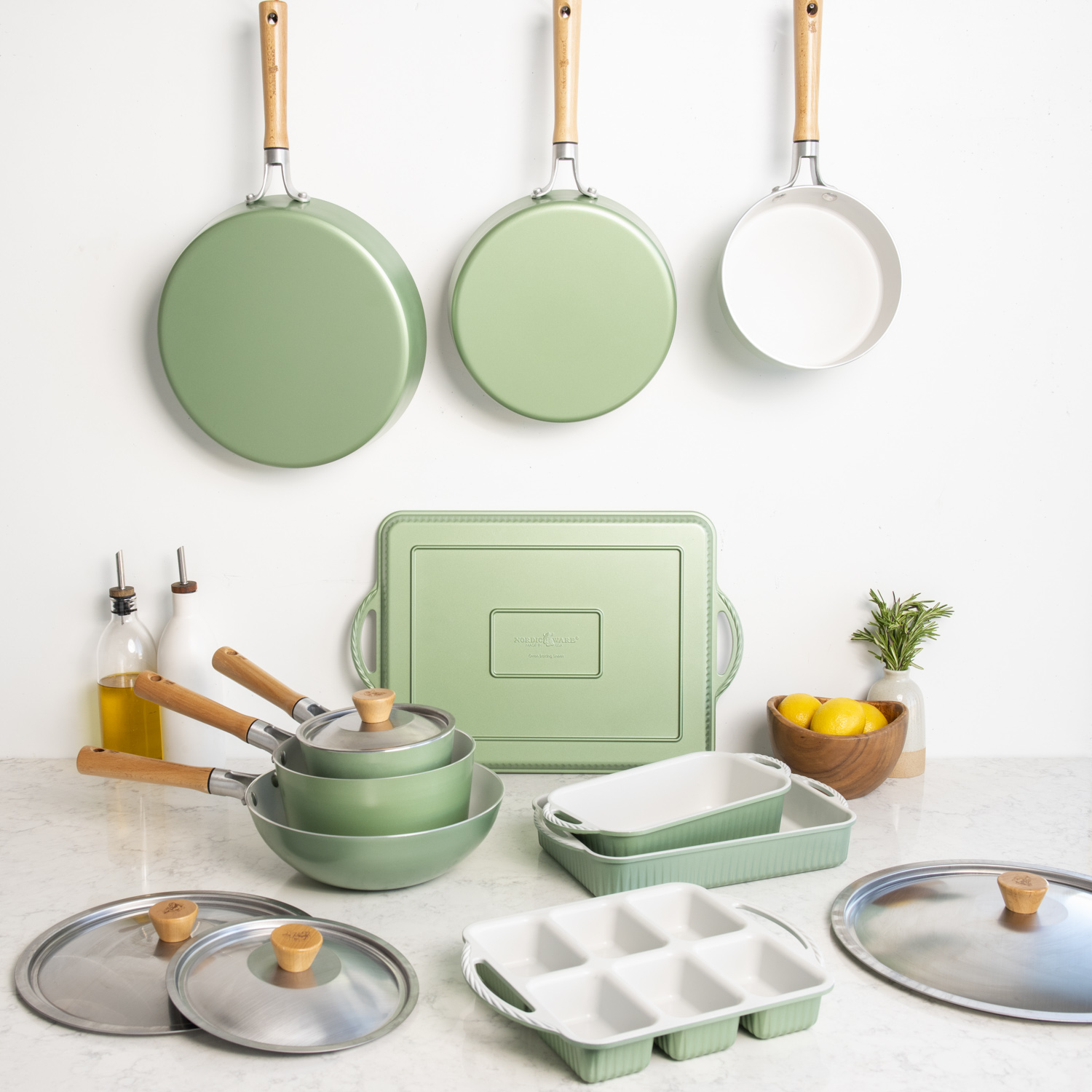 Group image of Cardamom Ceramic nonstick bakeware and cookware in kitchen scene