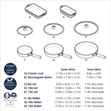 cardamom 8 piece cookware and bakeware set dimensional drawing