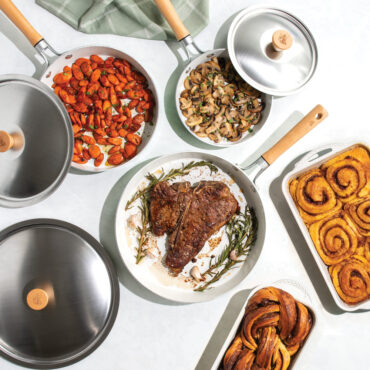 overhead image of cardamom 8 PC Bakeware and Cookware Set staged with food