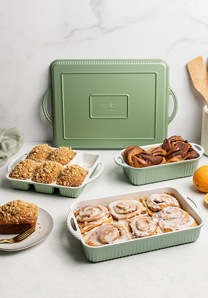 Image of Cardamom Bakeware collection with baked treats in a collection shot