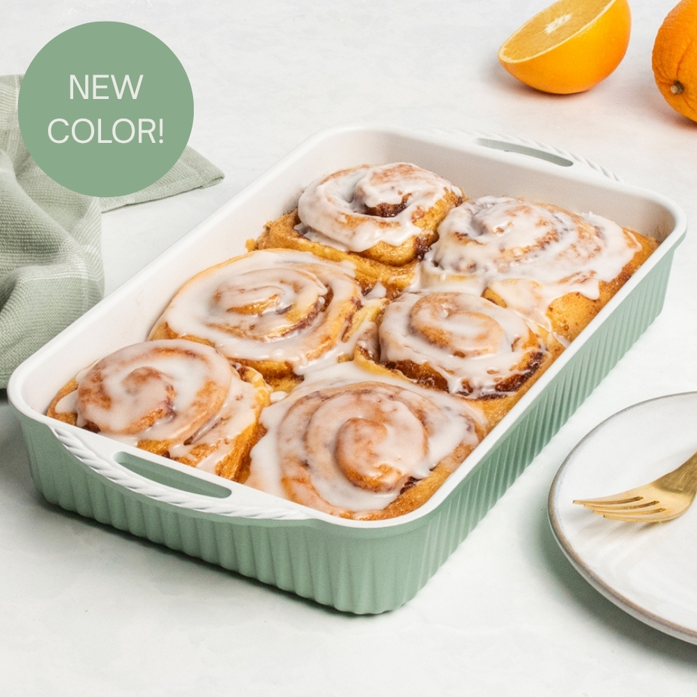 Image of baked cinnamon rolls in new Cardamom Ceramic Nonstick 7"x11" Rectangular Pan