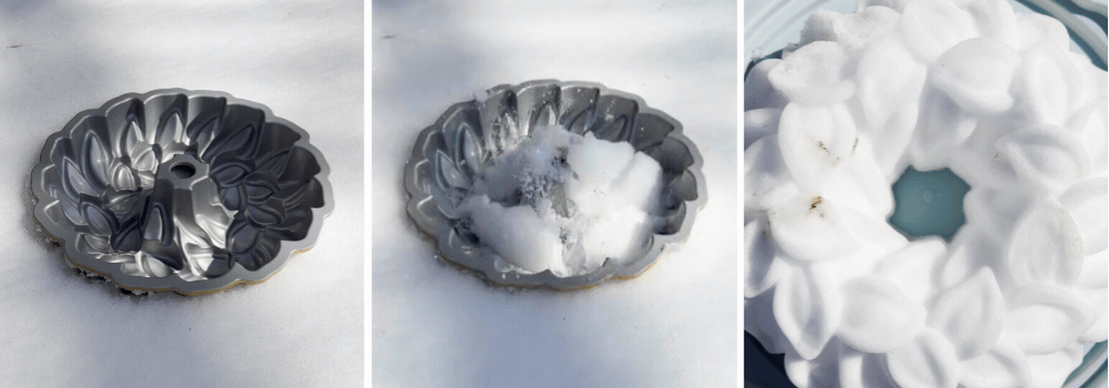 GIF of 3 steps for how to make a snow Bundt cake
