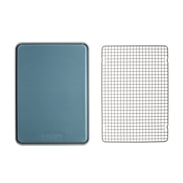 overhead of brilliant half sheet blue exterior with grid next to it on white background