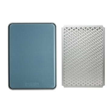 overhead showing blue exterior of brilliant half sheet next to multi rack on white background