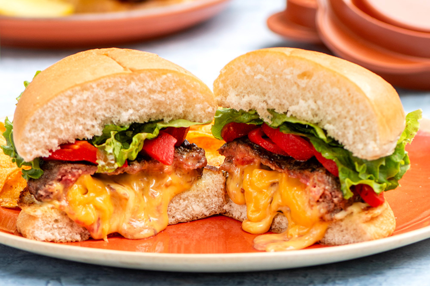Juicy Lucy style burger with melty cheese made from the Nordic Ware Stuffed Burger Maker and Patty Press