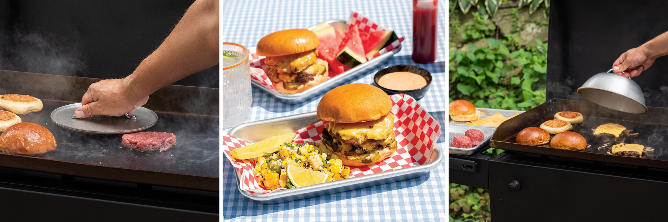 First image is of the Nordic Ware Heavyweight Grill Press smashing a burger, second image is of assembled smash burgers on Nordic Ware burger trays, and third image is a Nordic Ware cheese melting dome melting cheese on a burger. 