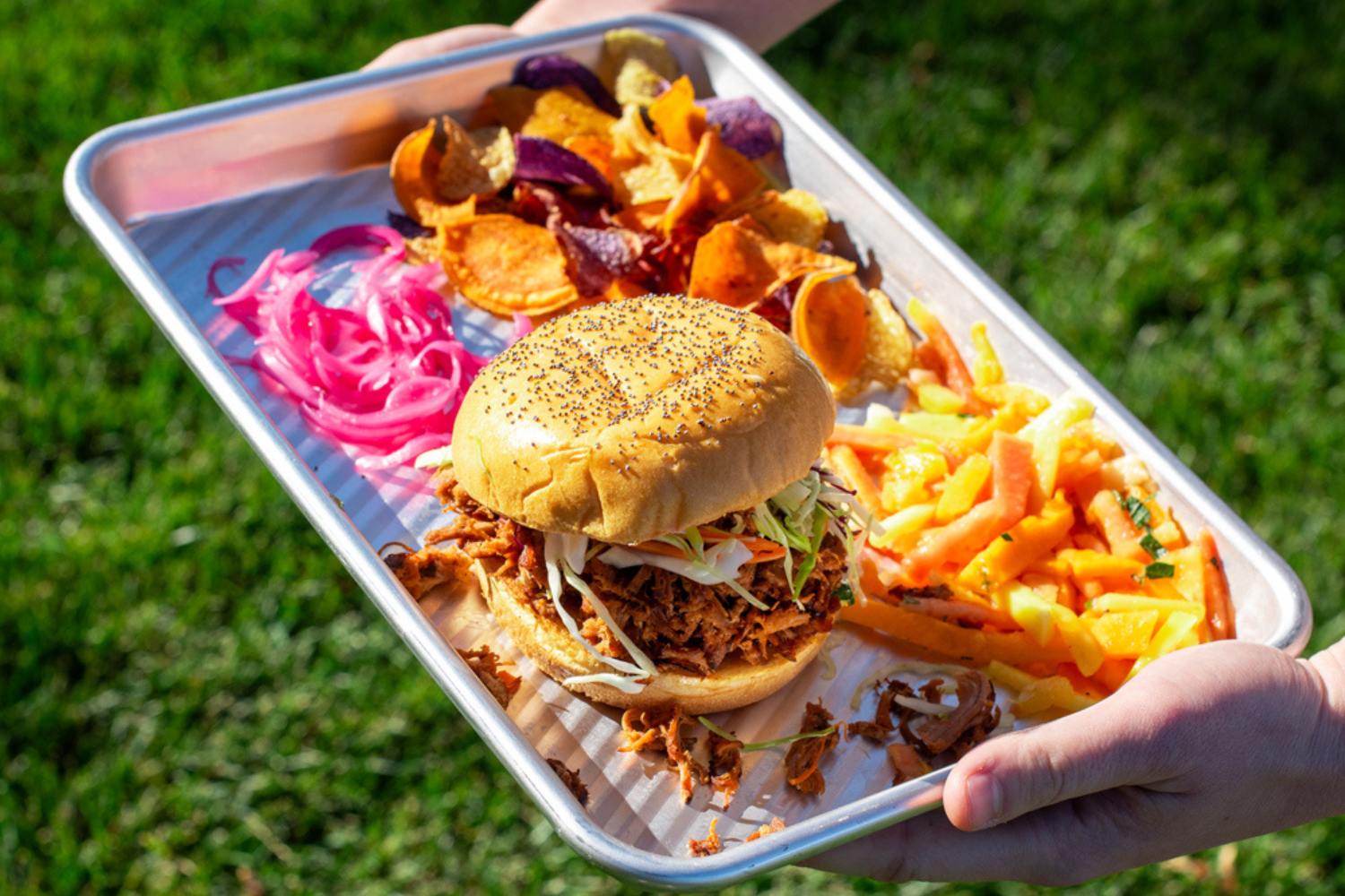 Sandwich and sides served on Nordic Ware 3-in-1 Prep, Grill and Serve Tray