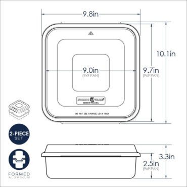 Technical diagram showing dimensions and measurements for Nordic Ware brilliant 9-inch square aluminum cake pan with lid