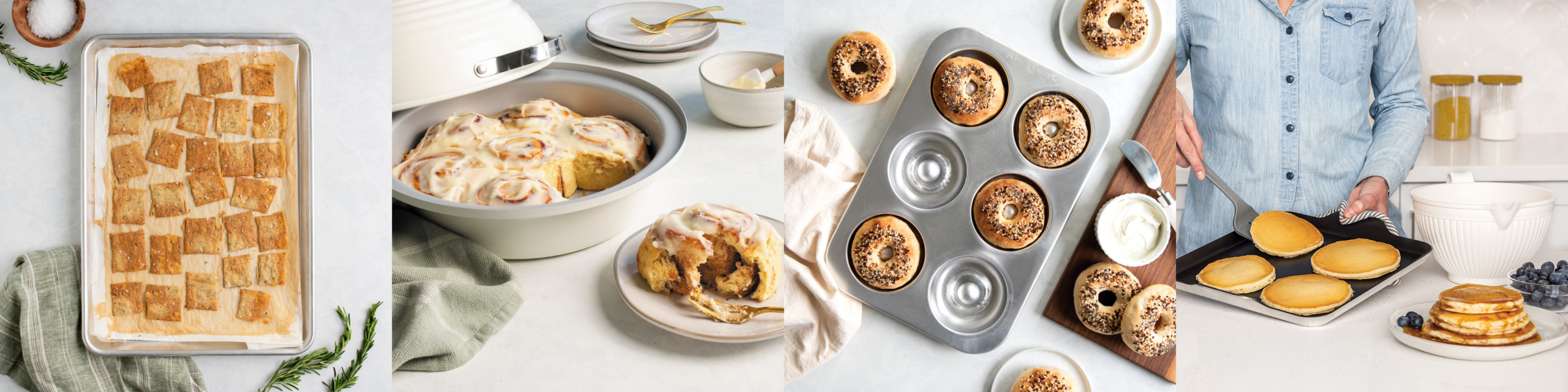 Four different sourdough discard recipes images: sourdough discard crackers, sourdough cinnamon rolls, sourdough bagels, and sourdough pancakes.