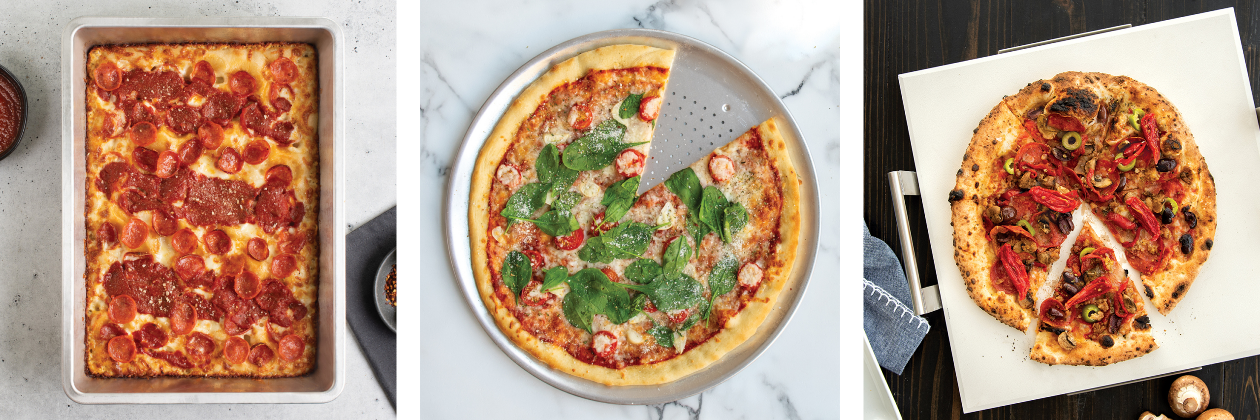 Detroit Pizza Pan, Naturals® 16" Hot Air Pizza Crisper, and Deluxe Square Pizza Stone with Rack