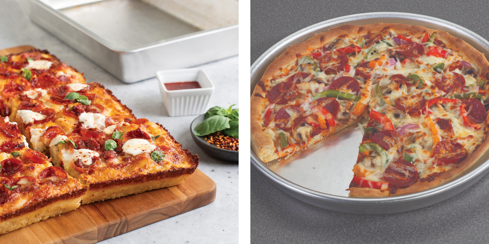 Hot Honey and Ricotta Detroit Style Pizza and Chicago style deep dish pizza