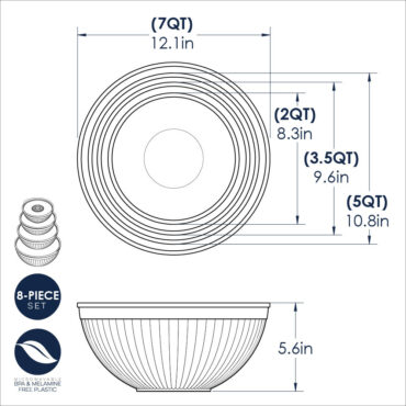 Nordic Ware 8-piece covered bowl set with dimensional measurements, showing nested aluminum bowls with lids