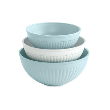 3 piece prep and serve mixing bowl set nested into each other on a white background