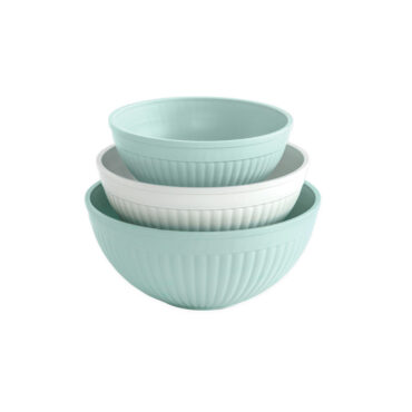 Nordic Ware 3 piece seaglass and white 5 quart, 3.5 quart and 2 quart bowls on white background