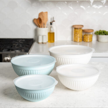 8 piece covered bowl set staged on kitchen countertop