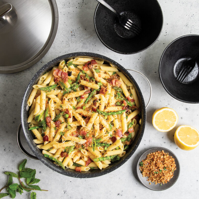  Image of pasta with veggies in Nordic Ware Basalt Ceramic Nonstick 6 Qt Dutch Oven, overhead