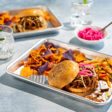 pulled pork sandwiches on nordic ware grill prep and serve burger trays