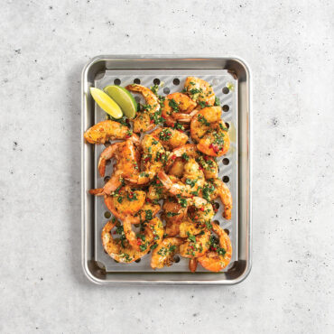 Overhead image of Quarter Sheet & Multi Task Rack with shrimp