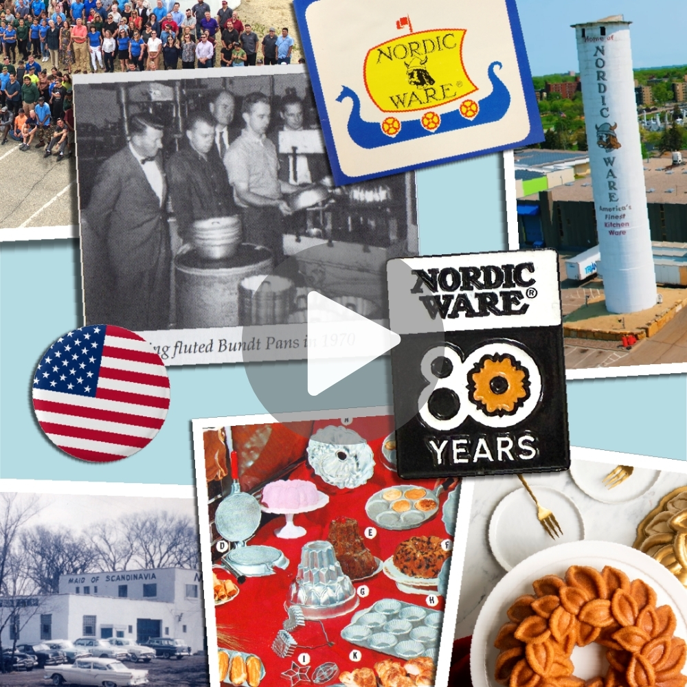 Collage of Nordic Ware historical images and current Minnesota factory and products. Play button to watch new factory video