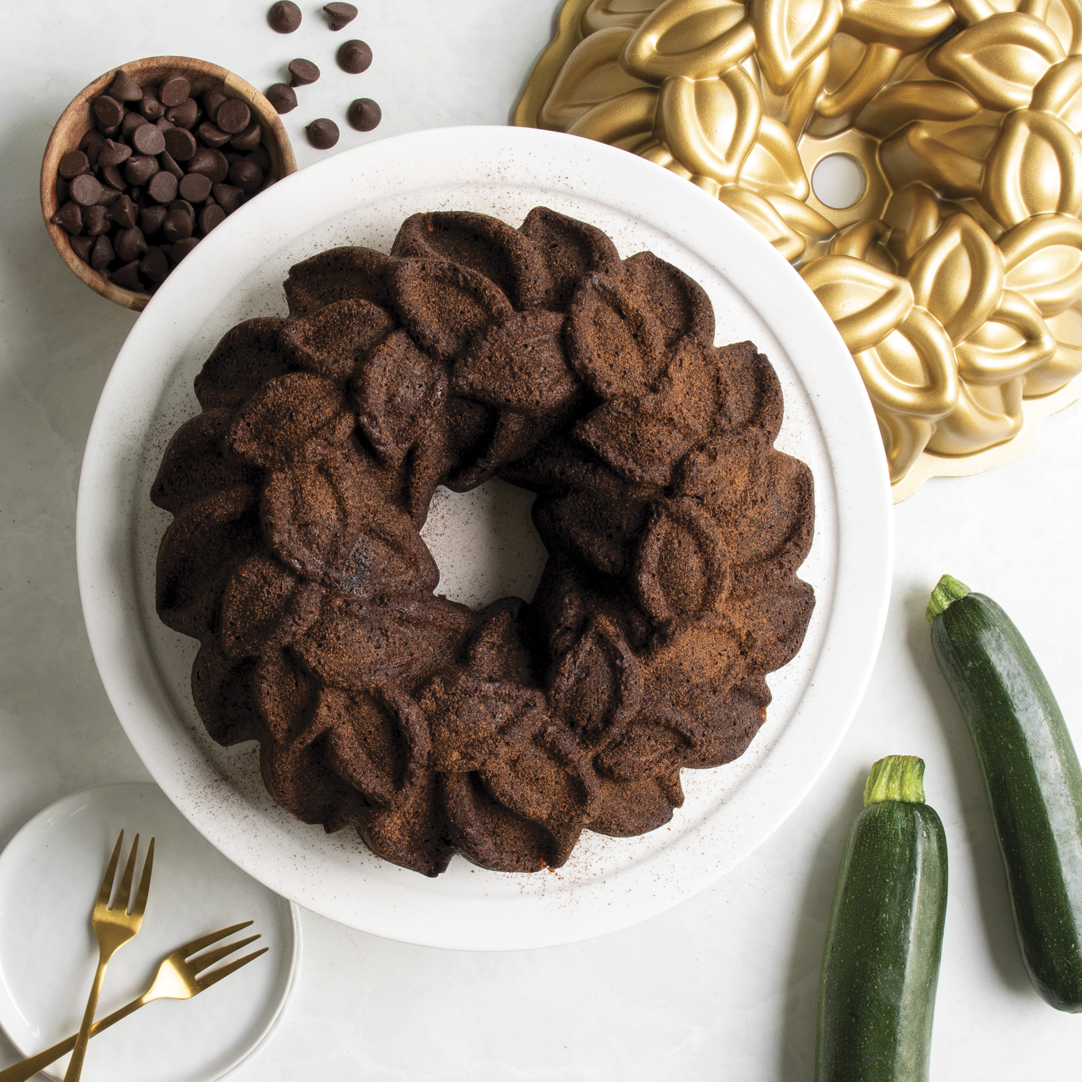 Image of baked double chocolate zucchini Bundt cake baked in Laurel Bundt design