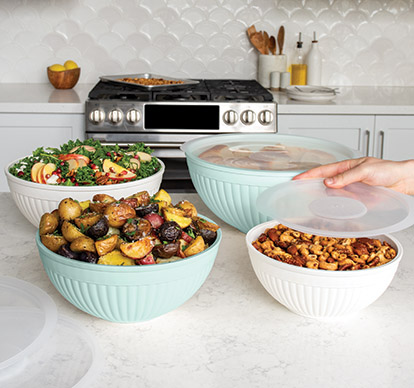 Image of Nordic Ware Bowls with lids filled with food in kitchen