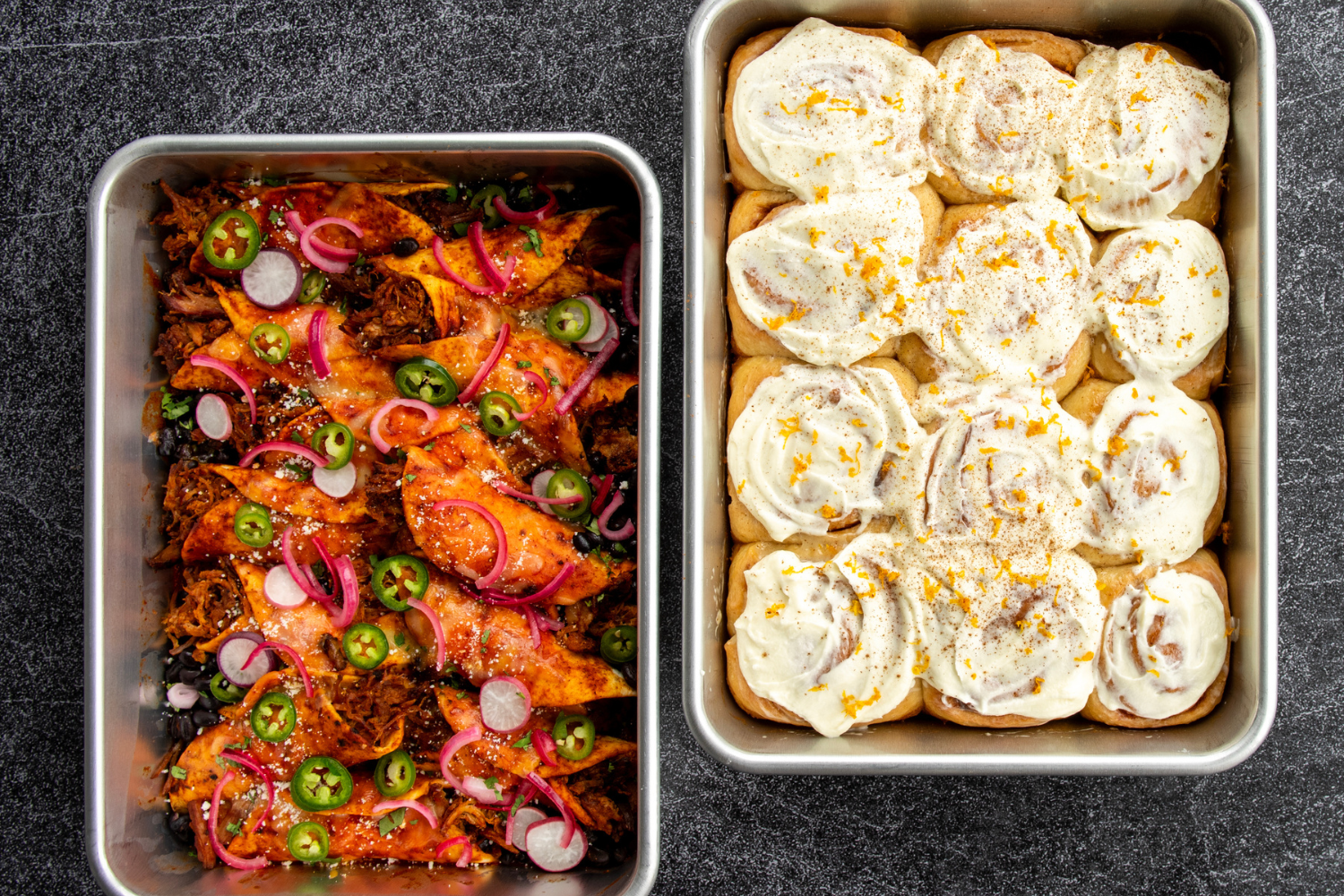 Baked enchiladas and cinnamon rolls in Naturals® 9" x 13" Rectangular Cake Pans