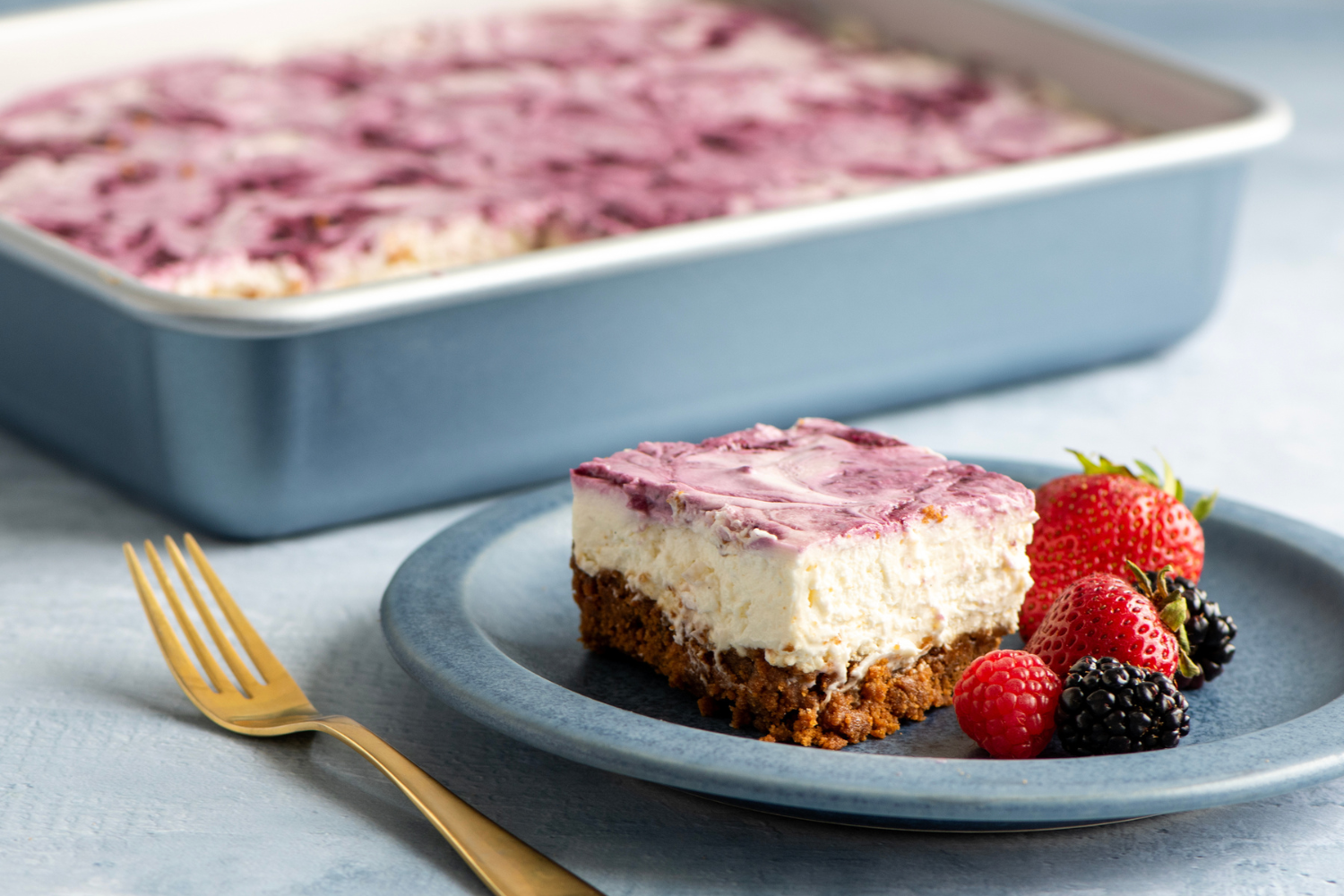 No bake cheesecake bars made in the Brilliant™ Bakeware Nonstick 9 x 13 Inch Baking Pan