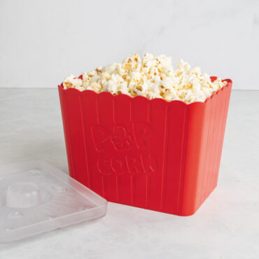 Nordic Ware Movie Night Popcorn Popper with translucent lid filled with popcorn