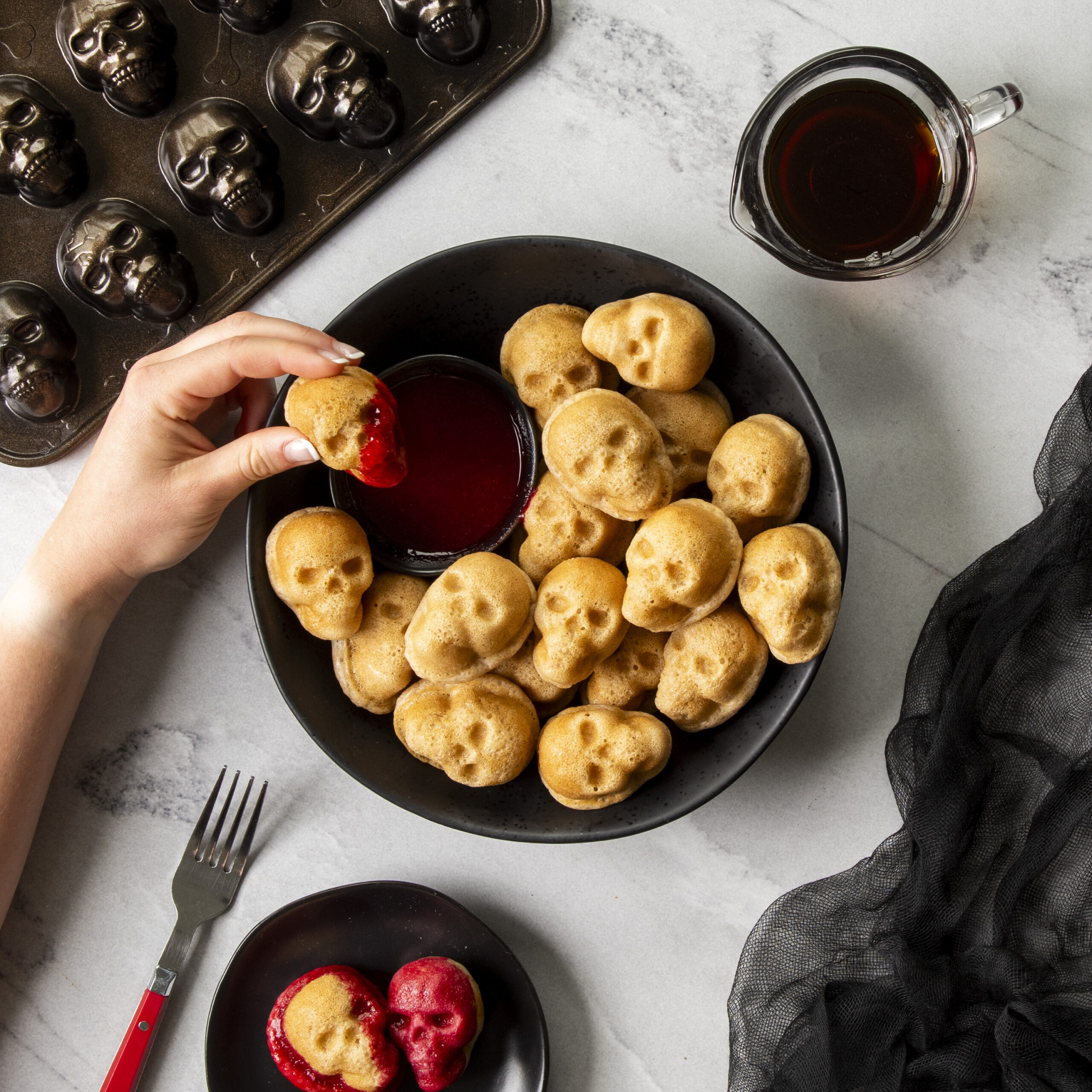 Visit Skull-Shaped Mini Pancakes with Raspberry Sauce Recipe