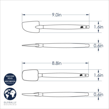 Two Nordic Ware silicone spatulas with red handles and white heads, showing dimensional measurements